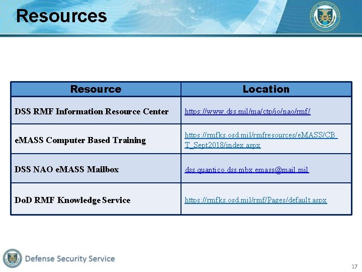 Resources Resource Location DSS RMF Information Resource Center https: //www. dss. mil/ma/ctp/io/nao/rmf/ e. MASS