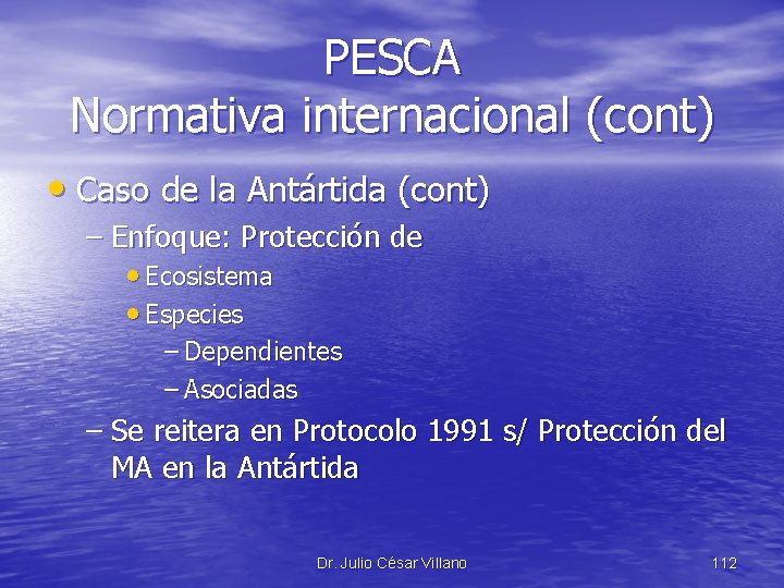 PESCA Normativa internacional (cont) • Caso de la Antártida (cont) – Enfoque: Protección de