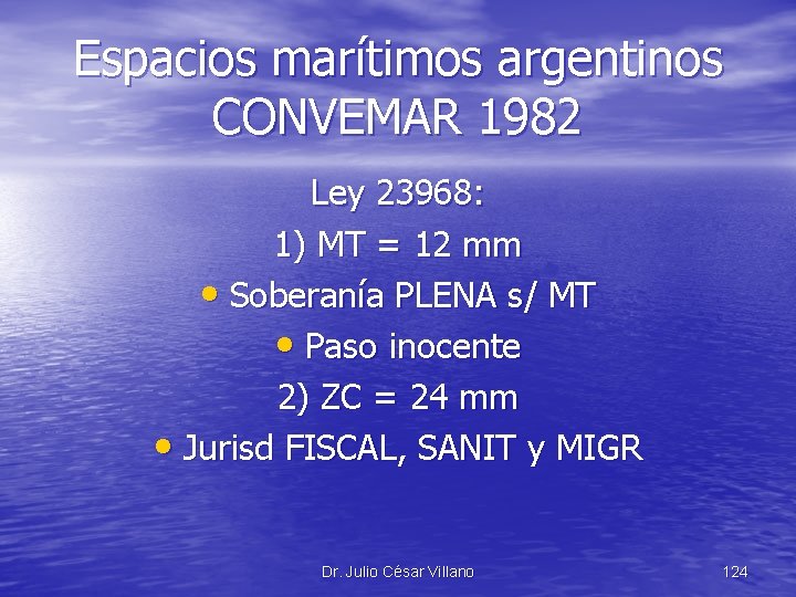 Espacios marítimos argentinos CONVEMAR 1982 Ley 23968: 1) MT = 12 mm • Soberanía