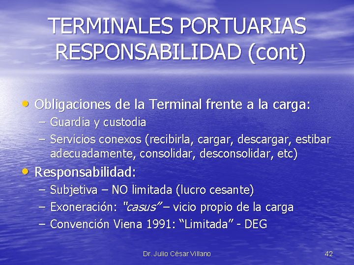 TERMINALES PORTUARIAS RESPONSABILIDAD (cont) • Obligaciones de la Terminal frente a la carga: –