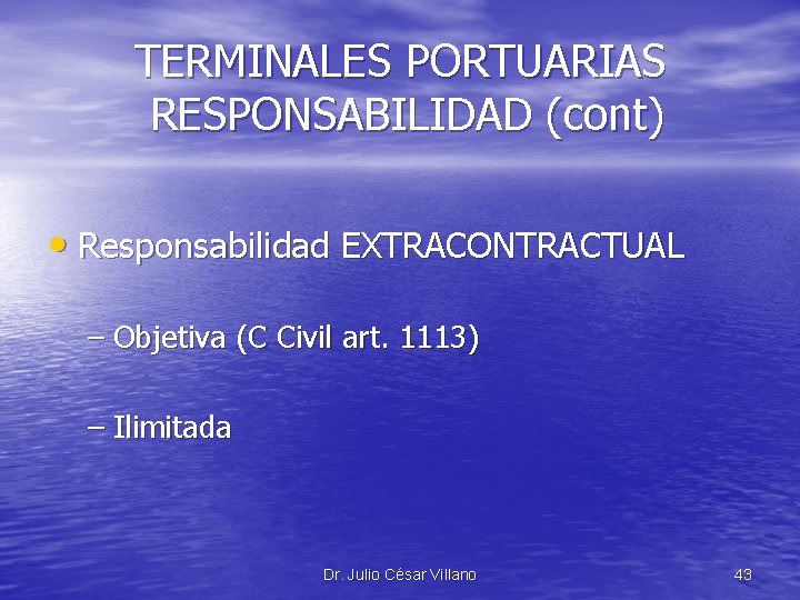 TERMINALES PORTUARIAS RESPONSABILIDAD (cont) • Responsabilidad EXTRACONTRACTUAL – Objetiva (C Civil art. 1113) –