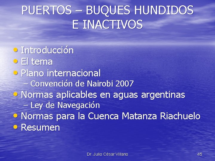 PUERTOS – BUQUES HUNDIDOS E INACTIVOS • Introducción • El tema • Plano internacional