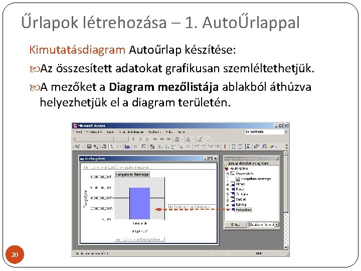 Űrlapok létrehozása – 1. AutoŰrlappal Kimutatásdiagram Autoűrlap készítése: Az összesített adatokat grafikusan szemléltethetjük. A