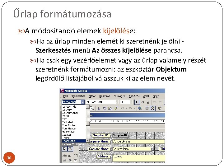 Űrlap formátumozása A módosítandó elemek kijelölése: Ha az űrlap minden elemét ki szeretnénk jelölni