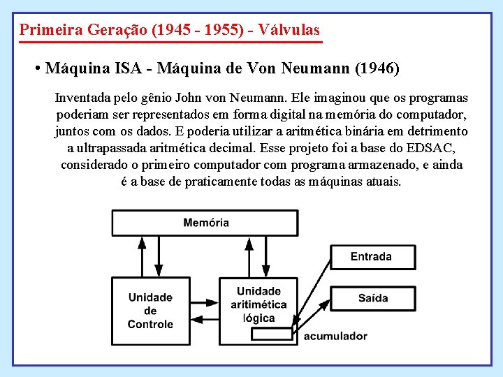 Primeira Geração (1945 - 1955) - Válvulas • Máquina ISA - Máquina de Von Primeira Geração (1945 - 1955) - Válvulas • Máquina ISA - Máquina de Von