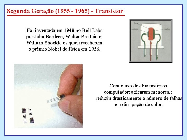 Segunda Geração (1955 - 1965) - Transistor Foi inventada em 1948 no Bell Labs Segunda Geração (1955 - 1965) - Transistor Foi inventada em 1948 no Bell Labs