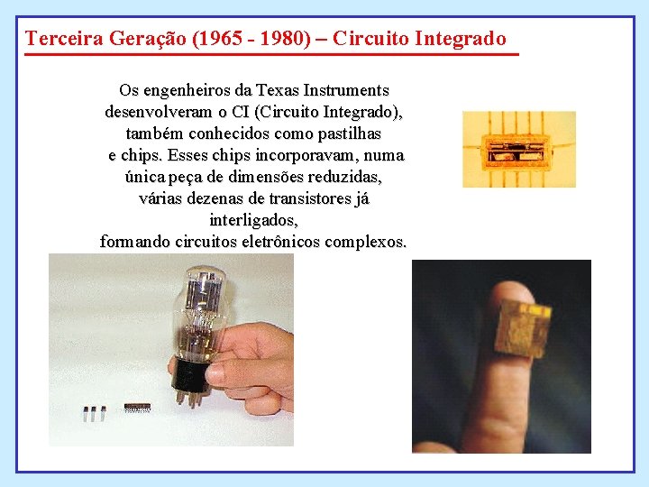 Terceira Geração (1965 - 1980) – Circuito Integrado Os engenheiros da Texas Instruments desenvolveram Terceira Geração (1965 - 1980) – Circuito Integrado Os engenheiros da Texas Instruments desenvolveram