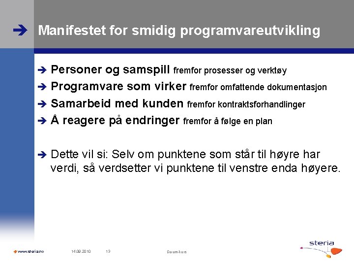  Manifestet for smidig programvareutvikling Personer og samspill fremfor prosesser og verktøy Programvare som