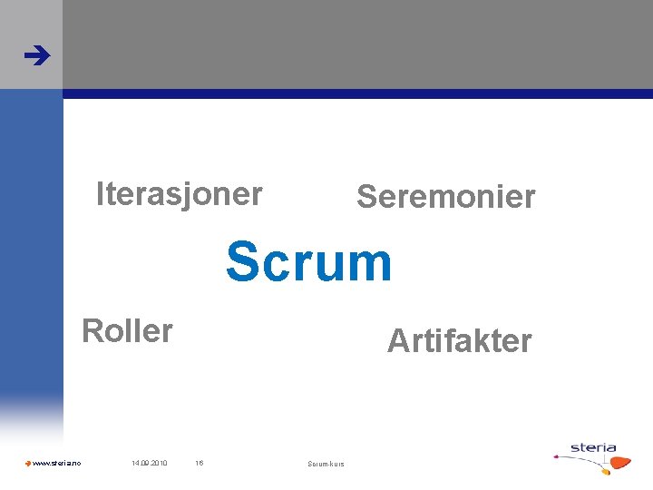  Iterasjoner Seremonier Scrum Roller www. steria. no 14. 09. 2010 Artifakter 16 Scrum-kurs