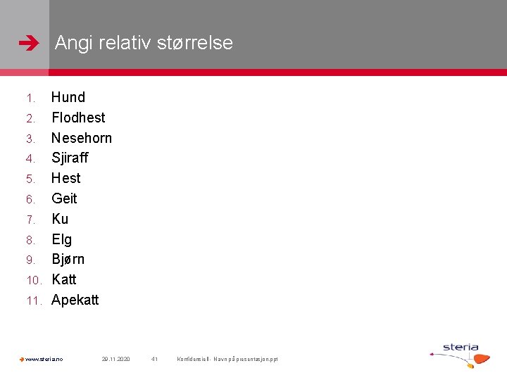  Angi relativ størrelse Hund 2. Flodhest 3. Nesehorn 4. Sjiraff 5. Hest 6.