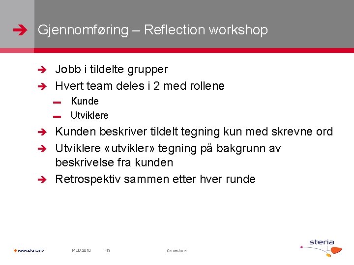  Gjennomføring – Reflection workshop Jobb i tildelte grupper Hvert team deles i 2