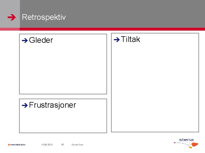  Retrospektiv Tiltak Gleder Frustrasjoner www. steria. no 14. 09. 2010 45 Scrum-kurs 