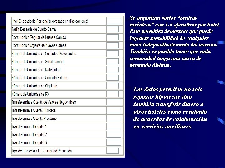 Se organizan varios “centros turísticos” con 3 -4 ejecutivos por hotel. Esto permitirá demostrar