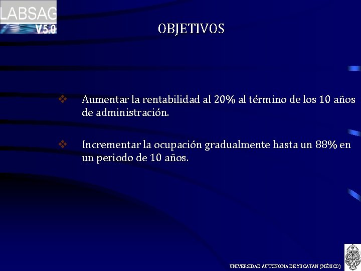 OBJETIVOS v Aumentar la rentabilidad al 20% al término de los 10 años de