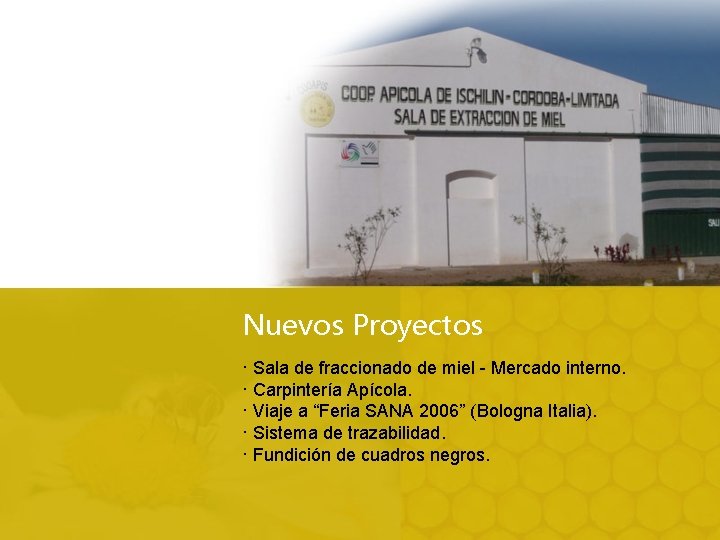 Nuevos Proyectos · Sala de fraccionado de miel - Mercado interno. · Carpintería Apícola.