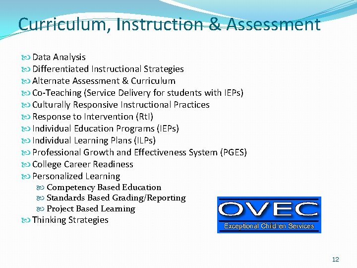 Curriculum, Instruction & Assessment Data Analysis Differentiated Instructional Strategies Alternate Assessment & Curriculum Co-Teaching