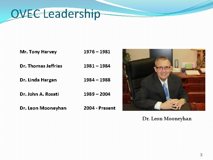 OVEC Leadership Mr. Tony Harvey 1976 – 1981 Dr. Thomas Jeffries 1981 – 1984