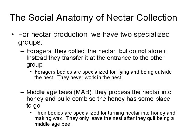 The Social Anatomy of Nectar Collection • For nectar production, we have two specialized