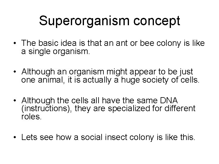 Superorganism concept • The basic idea is that an ant or bee colony is