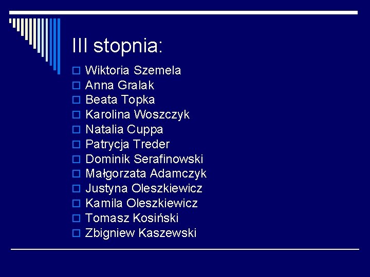III stopnia: o o o Wiktoria Szemela Anna Gralak Beata Topka Karolina Woszczyk Natalia