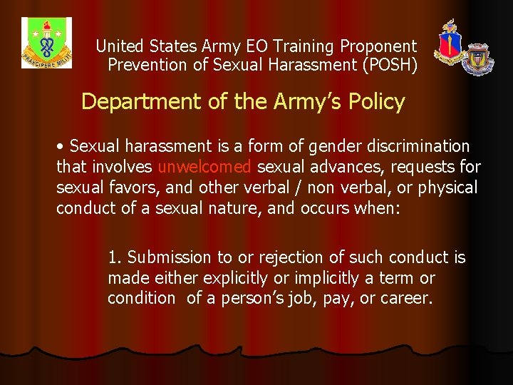 United States Army EO Training Proponent Prevention of Sexual Harassment (POSH) Department of the