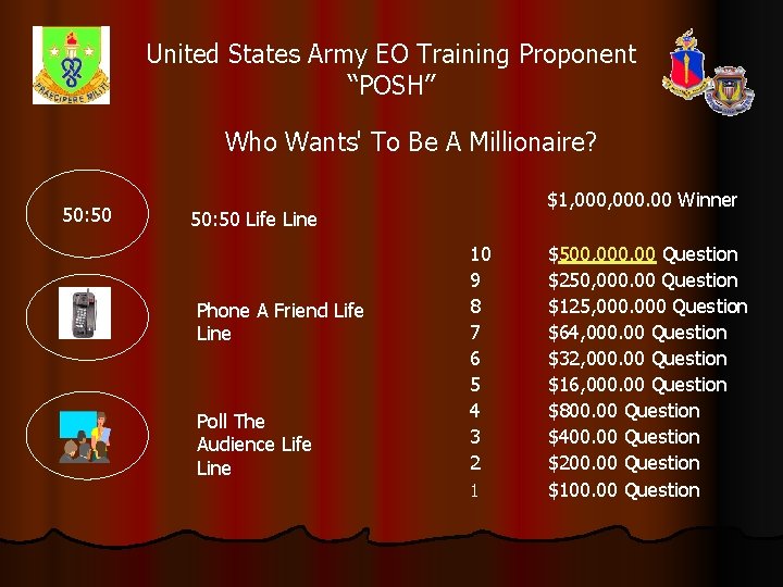 United States Army EO Training Proponent “POSH” Who Wants' To Be A Millionaire? 50: