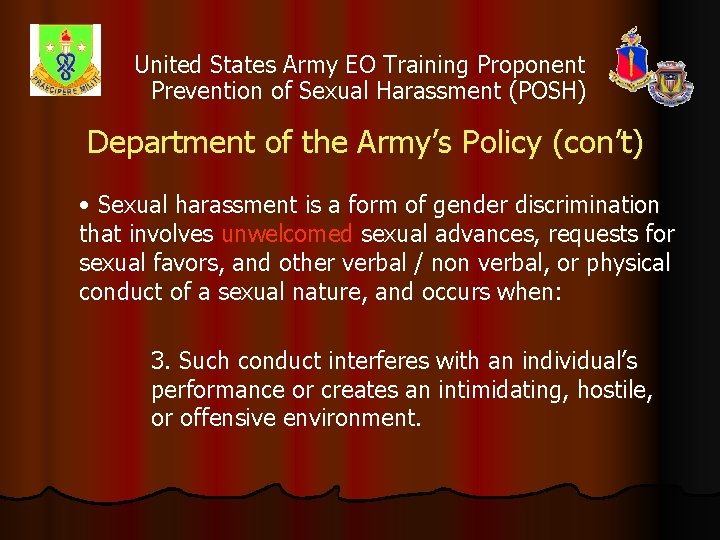 United States Army EO Training Proponent Prevention of Sexual Harassment (POSH) Department of the