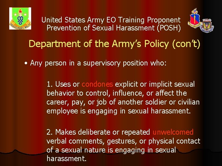 United States Army EO Training Proponent Prevention of Sexual Harassment (POSH) Department of the