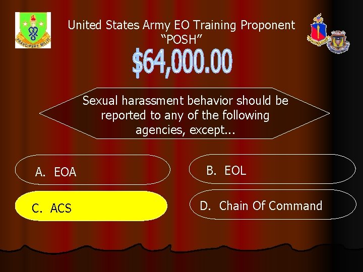 United States Army EO Training Proponent “POSH” Sexual harassment behavior should be reported to