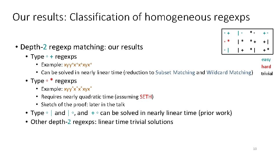 Our results: Classification of homogeneous regexps • Depth-2 regexp matching: our results • Type Our results: Classification of homogeneous regexps • Depth-2 regexp matching: our results • Type