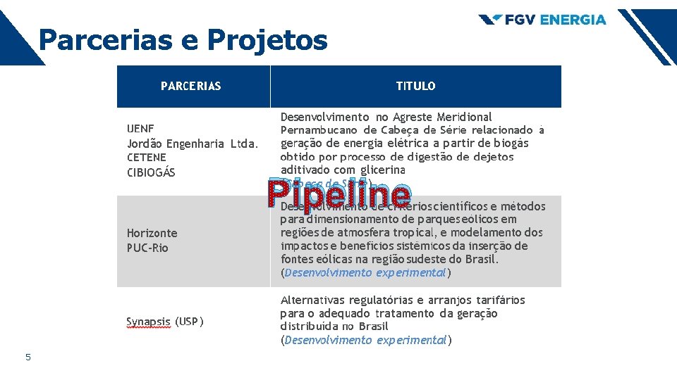 Parcerias e Projetos Pipeline 5 