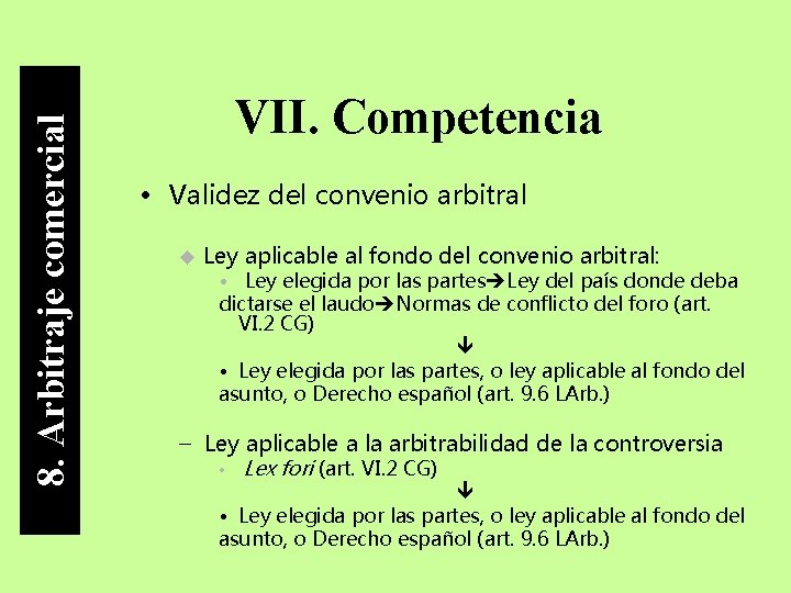8. Arbitraje comercial VII. Competencia • Validez del convenio arbitral Ley aplicable al fondo