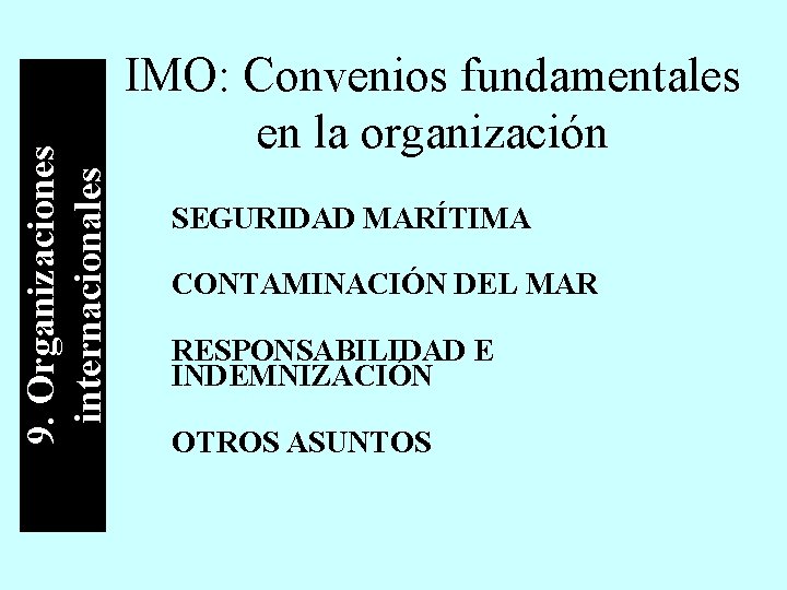 9. Organizaciones internacionales IMO: Convenios fundamentales en la organización SEGURIDAD MARÍTIMA CONTAMINACIÓN DEL MAR