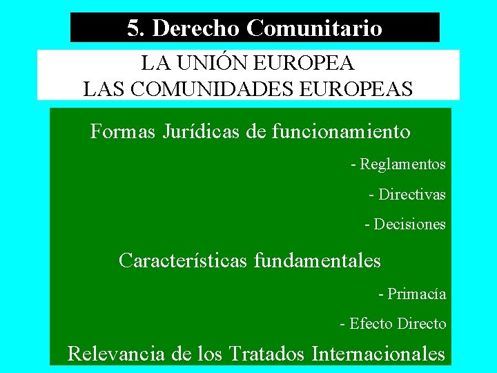 5. Derecho Comunitario LA UNIÓN EUROPEA LAS COMUNIDADES EUROPEAS Formas Jurídicas de funcionamiento -