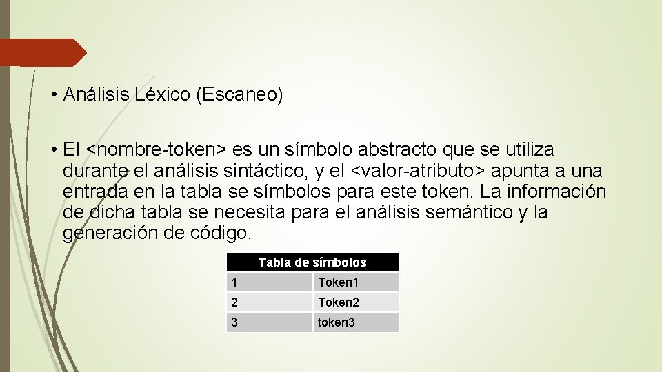  • Análisis Léxico (Escaneo) • El <nombre-token> es un símbolo abstracto que se