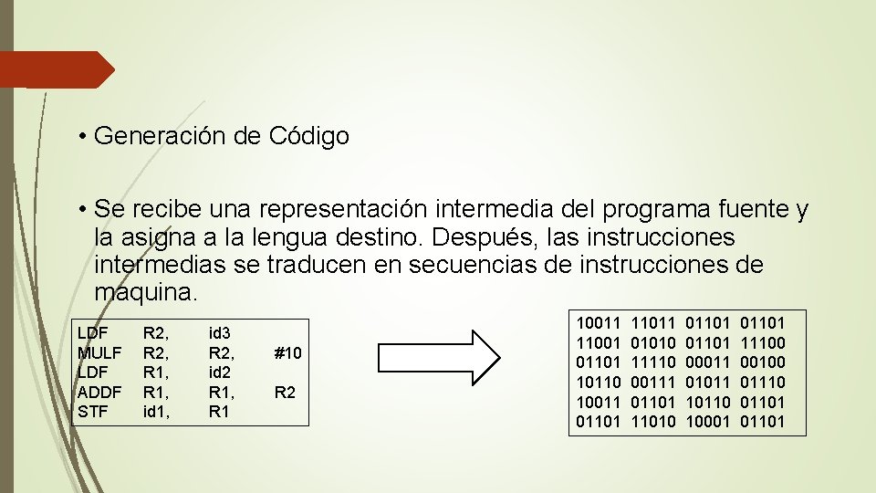  • Generación de Código • Se recibe una representación intermedia del programa fuente