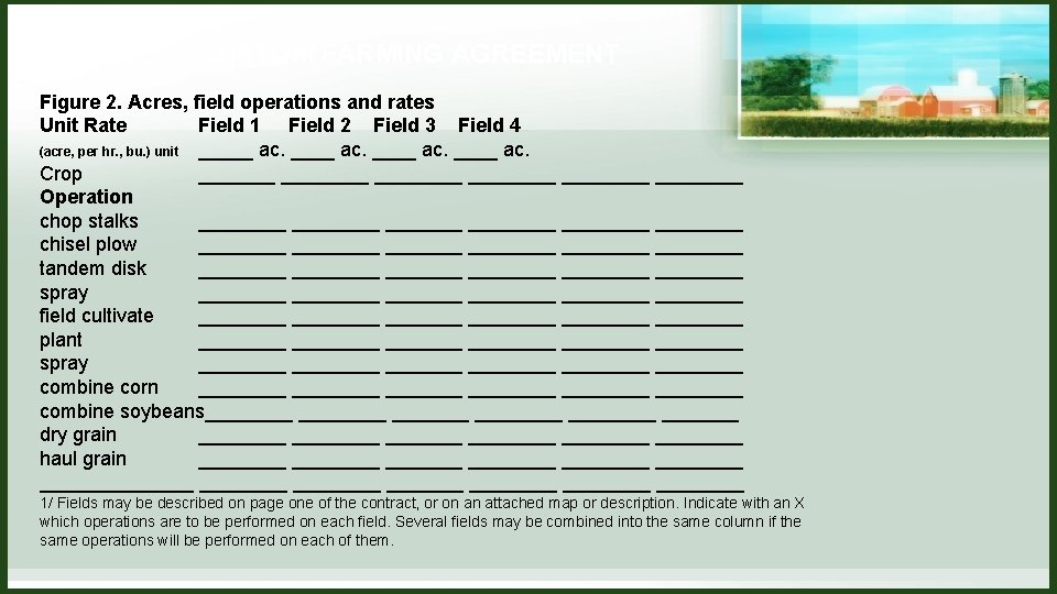 CUSTOM FARMING AGREEMENT Figure 2. Acres, field operations and rates Unit Rate Field 1 CUSTOM FARMING AGREEMENT Figure 2. Acres, field operations and rates Unit Rate Field 1