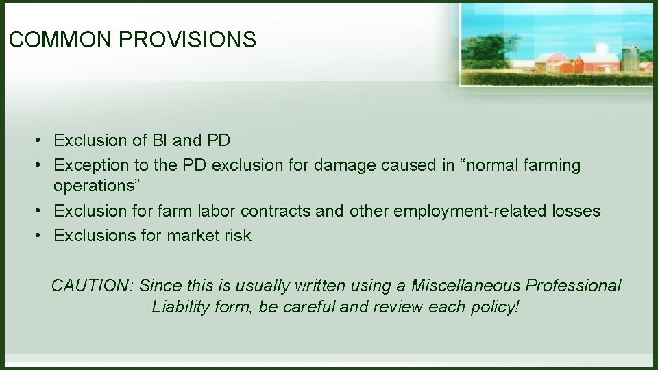 COMMON PROVISIONS • Exclusion of BI and PD • Exception to the PD exclusion COMMON PROVISIONS • Exclusion of BI and PD • Exception to the PD exclusion