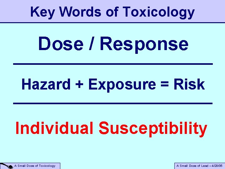 Key Words of Toxicology Dose / Response Hazard + Exposure = Risk Individual Susceptibility