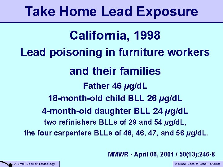 Take Home Lead Exposure California, 1998 Lead poisoning in furniture workers and their families