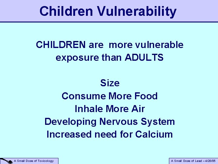 Children Vulnerability CHILDREN are more vulnerable exposure than ADULTS Size Consume More Food Inhale