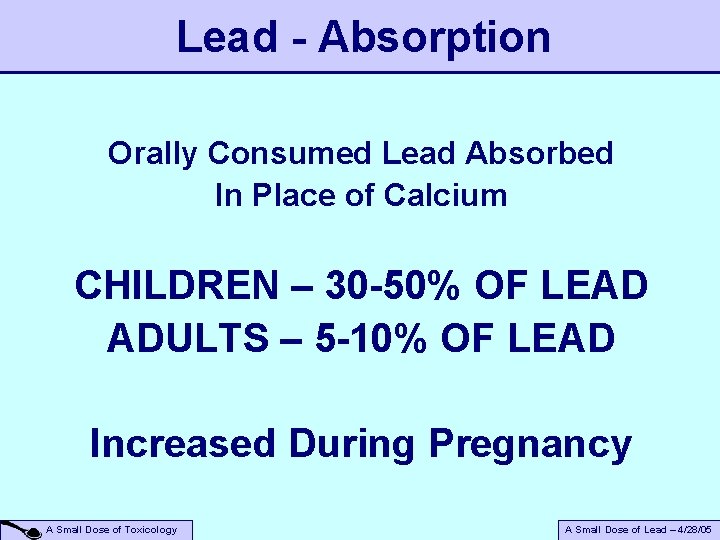Lead - Absorption Orally Consumed Lead Absorbed In Place of Calcium CHILDREN – 30