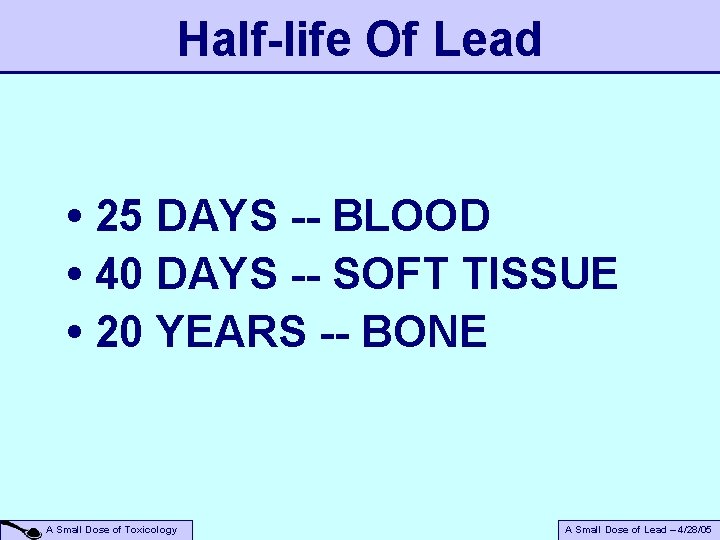 Half-life Of Lead • 25 DAYS -- BLOOD • 40 DAYS -- SOFT TISSUE