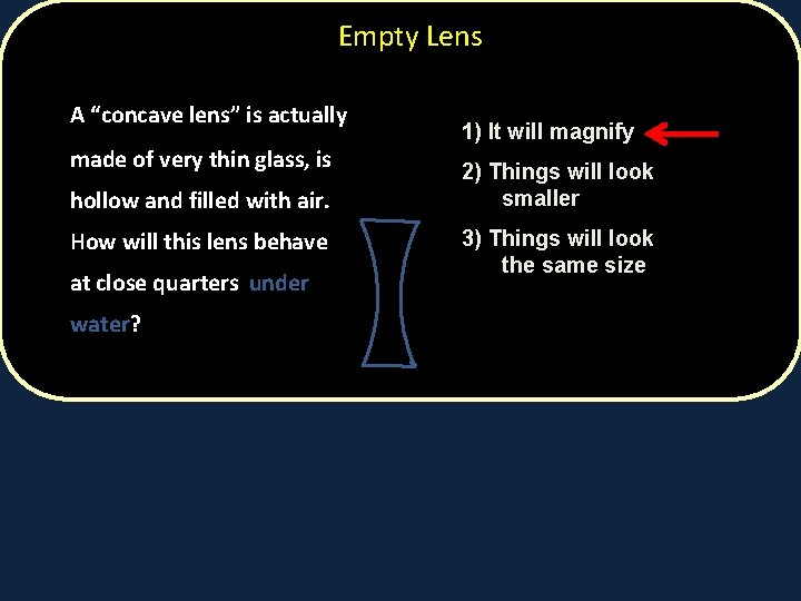 Empty Lens A “concave lens” is actually made of very thin glass, is hollow