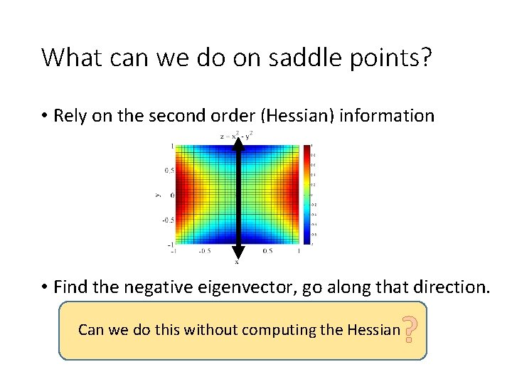 What can we do on saddle points? • Rely on the second order (Hessian)