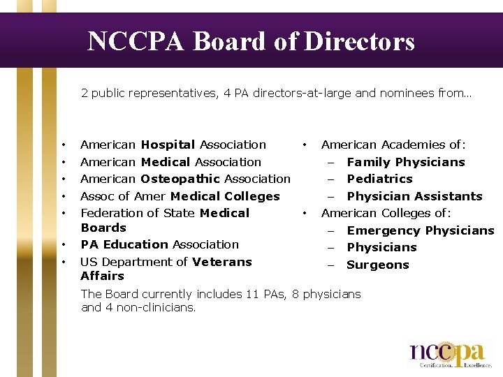 NCCPA Board of Directors 2 public representatives, 4 PA directors-at-large and nominees from… •