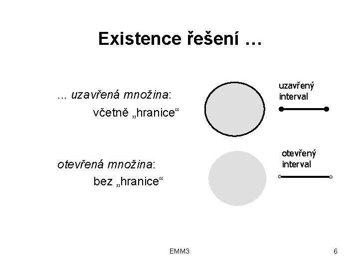 Existence řešení …. . . uzavřená množina: uzavřený interval včetně „hranice“ otevřený interval otevřená