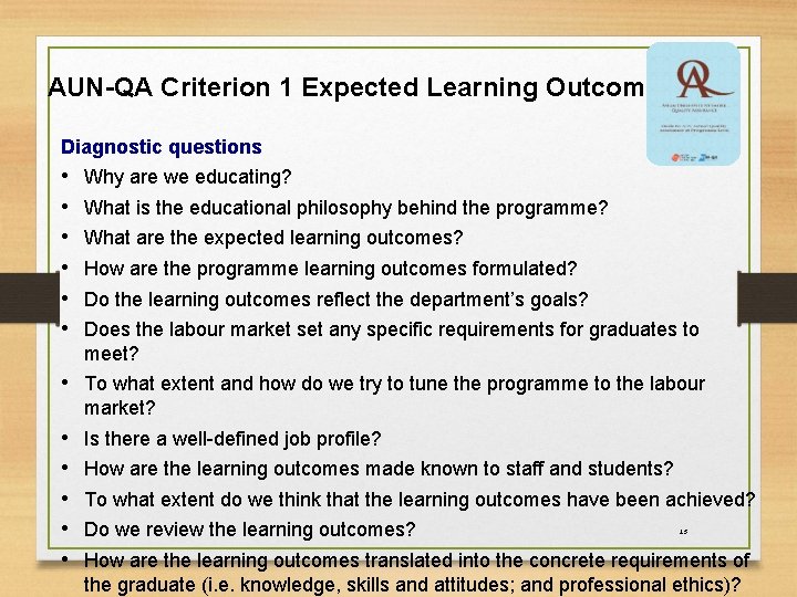 AUN-QA Criterion 1 Expected Learning Outcomes Diagnostic questions • • • Why are we