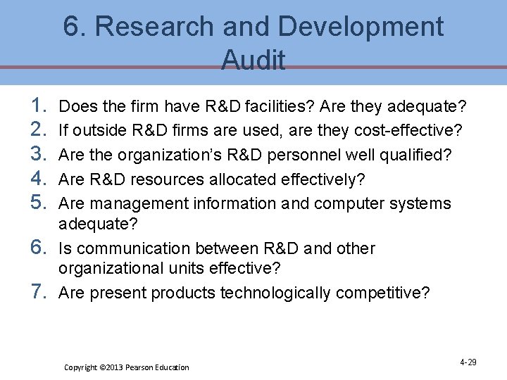 6. Research and Development Audit 1. 2. 3. 4. 5. 6. 7. Does the 6. Research and Development Audit 1. 2. 3. 4. 5. 6. 7. Does the