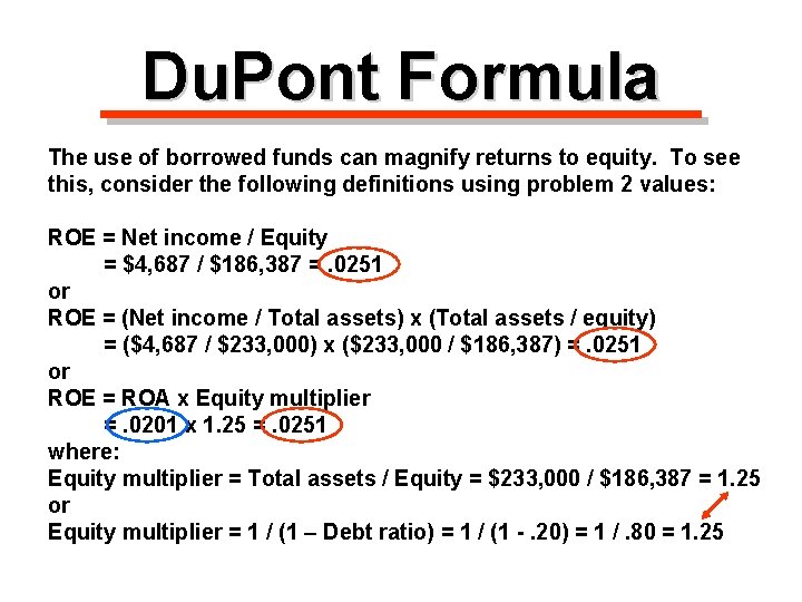 Du. Pont Formula The use of borrowed funds can magnify returns to equity. To